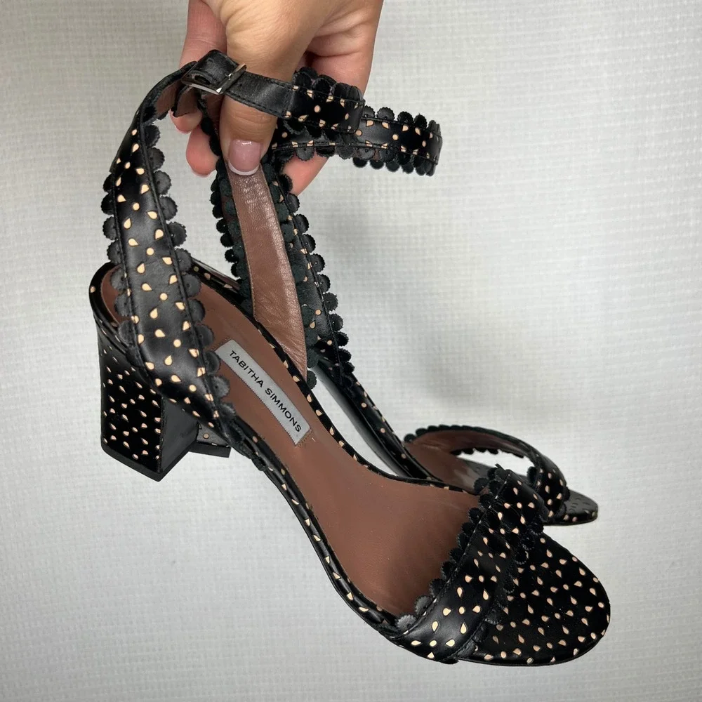 Tabitha Simmons Black Polka Dot‎ Leather Block Heel Sandals Scalloped Strap